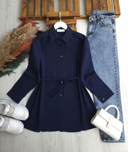 NALKDA ÖNÜ YIRTMAÇLI BELİ İPLİ GÖMLEK TUNİK B2-6-5657-12-LACİVERT - 