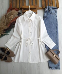 NALKDA ÖNÜ YIRTMAÇLI BELİ İPLİ GÖMLEK TUNİK B2-6-5657-20-BEYAZ - 1