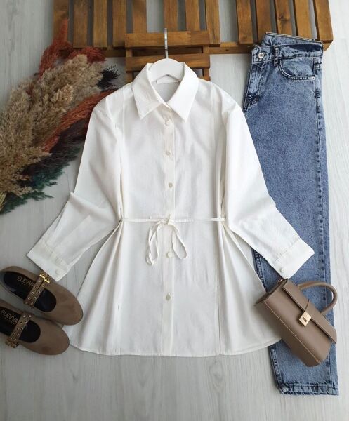 NALKDA ÖNÜ YIRTMAÇLI BELİ İPLİ GÖMLEK TUNİK B2-6-5657-20-BEYAZ - 1