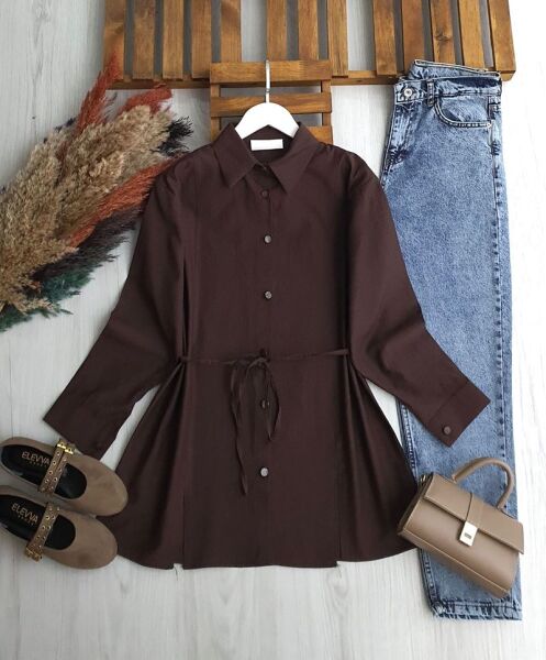 NALKDA ÖNÜ YIRTMAÇLI BELİ İPLİ GÖMLEK TUNİK B2-6-5657-37-KAHVE - 1