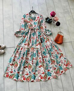 NANLE SULU ÇİÇEK DESENLİ MEVLANA ELBİSE B7-4-2238-10-MAVİ - 