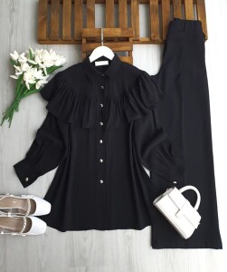 NASAB ÖN VE ARKA FIRFIRLI PELERİN GÖMLEK TUNİK B2-1-5693-01-SİYAH - 