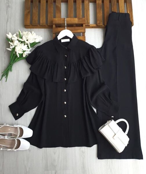 NASAB ÖN VE ARKA FIRFIRLI PELERİN GÖMLEK TUNİK B2-1-5693-01-SİYAH - 1