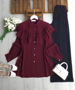 NASAB ÖN VE ARKA FIRFIRLI PELERİN GÖMLEK TUNİK B2-1-5693-04-BORDO - 