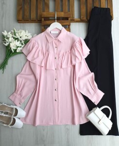 NASAB ÖN VE ARKA FIRFIRLI PELERİN GÖMLEK TUNİK B2-1-5693-05-PUDRA - 