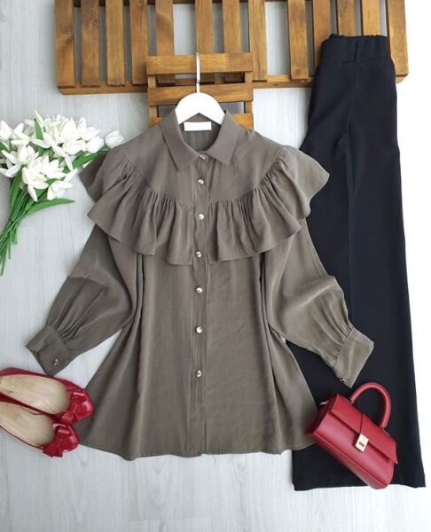 NASAB ÖN VE ARKA FIRFIRLI PELERİN GÖMLEK TUNİK B2-1-5693-09-HAKİ - 1