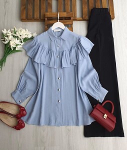 NASAB ÖN VE ARKA FIRFIRLI PELERİN GÖMLEK TUNİK B2-1-5693-10-MAVİ - 