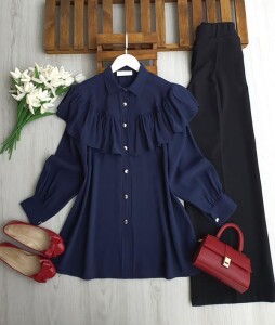 NASAB ÖN VE ARKA FIRFIRLI PELERİN GÖMLEK TUNİK B2-1-5693-12-LACİVERT - 1