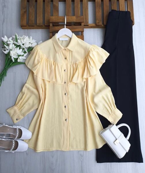 NASAB ÖN VE ARKA FIRFIRLI PELERİN GÖMLEK TUNİK B2-1-5693-23-SARI - 1