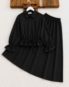 NAWY KOLU LASTİKLİ BELİ İPLİ GÖMLEK ETEK TAKIM 1771-01-SİYAH - 