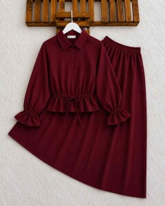 NAWY KOLU LASTİKLİ BELİ İPLİ GÖMLEK ETEK TAKIM 1771-04-BORDO 