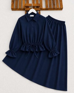 NAWY KOLU LASTİKLİ BELİ İPLİ GÖMLEK ETEK TAKIM 1771-12-LACİVERT - 