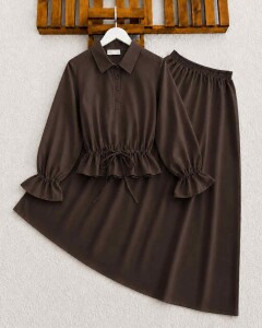 NAWY KOLU LASTİKLİ BELİ İPLİ GÖMLEK ETEK TAKIM 1771-37-KAHVE 