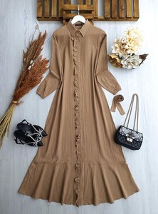 NECTA TAM BOY DÜĞMELİ VE FIRFIRLI KEMERLİ ELBİSE B9-3-2296-48-BİSKÜVİ - 