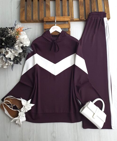 NEFS KOLDAN ÖNE BEYAZ GARNİLİ PANTOLON ŞERİTLİ TAKIM 1681-04-BORDO - 1