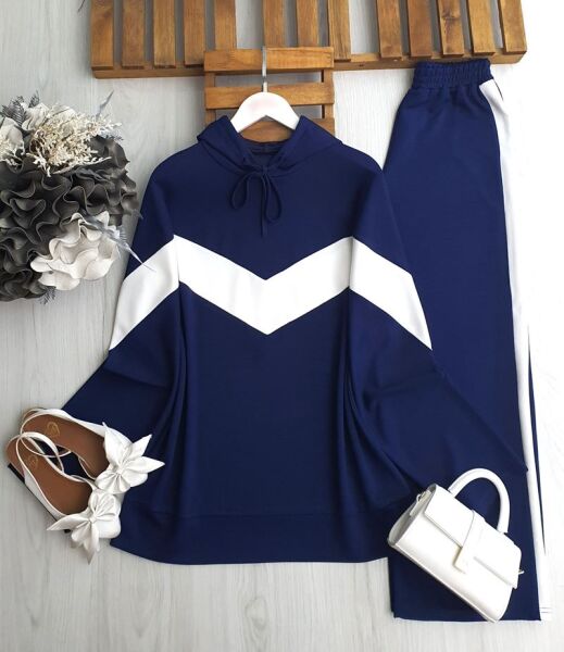 NEFS KOLDAN ÖNE BEYAZ GARNİLİ PANTOLON ŞERİTLİ TAKIM 1681-12-LACİVERT - 1