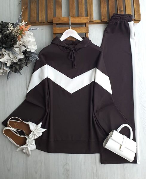 NEFS KOLDAN ÖNE BEYAZ GARNİLİ PANTOLON ŞERİTLİ TAKIM 1681-37-KAHVE - 1