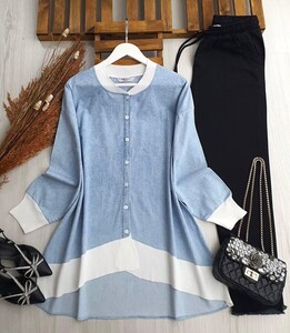 NELPA RİBANALI OVERSİZE KOT GÖMLEK TUNİK A6-1-5418-56-AÇIK KOT - 