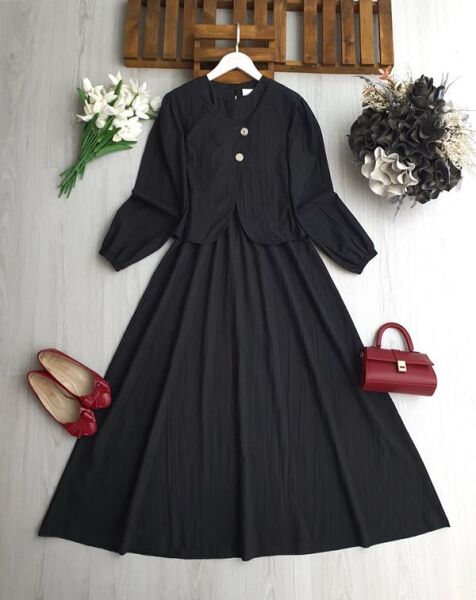 NENGA İKİ DÜĞMELİ CEKET BELİ LASTİKLİ ELBİSE TAKIM A6-4-2418-01-SİYAH - 1