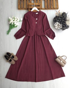 NENGA İKİ DÜĞMELİ CEKET BELİ LASTİKLİ ELBİSE TAKIM A6-4-2418-04-BORDO - 1