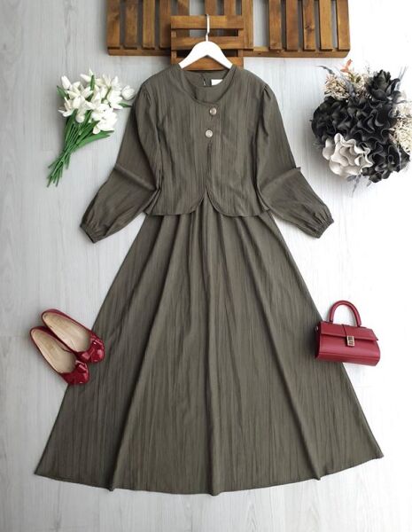 NENGA İKİ DÜĞMELİ CEKET BELİ LASTİKLİ ELBİSE TAKIM A6-4-2418-09-HAKİ - 1