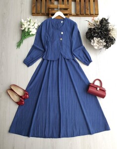 NENGA İKİ DÜĞMELİ CEKET BELİ LASTİKLİ ELBİSE TAKIM 2418-11-İNDİGO - 