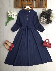 NENGA İKİ DÜĞMELİ CEKET BELİ LASTİKLİ ELBİSE TAKIM A6-4-2418-12-LACİVERT - 1