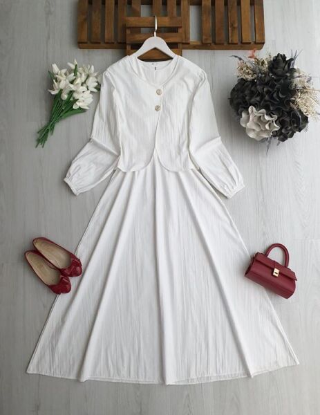 NENGA İKİ DÜĞMELİ CEKET BELİ LASTİKLİ ELBİSE TAKIM A6-4-2418-20-BEYAZ - 1