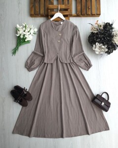 NENGA İKİ DÜĞMELİ CEKET BELİ LASTİKLİ ELBİSE TAKIM 2418-25-VİZON - 