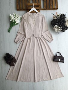 NENGA İKİ DÜĞMELİ CEKET BELİ LASTİKLİ ELBİSE TAKIM A6-4-2418-34-BEJ - 1