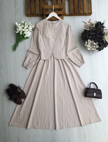 NENGA İKİ DÜĞMELİ CEKET BELİ LASTİKLİ ELBİSE TAKIM A6-4-2418-34-BEJ - 1