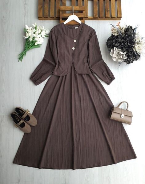 NENGA İKİ DÜĞMELİ CEKET BELİ LASTİKLİ ELBİSE TAKIM A6-4-2418-37-KAHVE - 1