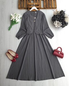 NENGA İKİ DÜĞMELİ CEKET BELİ LASTİKLİ ELBİSE TAKIM A6-4-2418-58-FÜME - 1