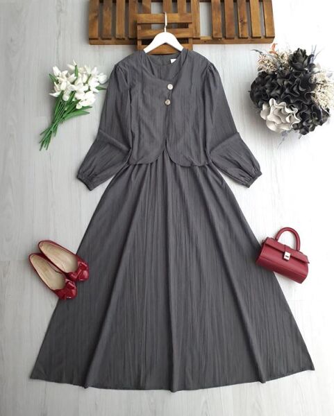 NENGA İKİ DÜĞMELİ CEKET BELİ LASTİKLİ ELBİSE TAKIM A6-4-2418-58-FÜME - 1