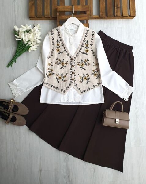 NEWL ÇİÇEK NAKIŞLI YELEK 3234-34-BEJ - 1