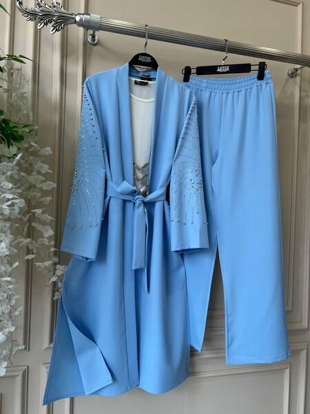 NEYSA KEMERLİ KOL TAŞLI KİMONO PANTOLON TAKIM D7-1526-13-BEBE MAVİSİ - 1