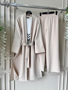 NEYSA KEMERLİ KOL TAŞLI KİMONO PANTOLON TAKIM C11-1526-34-BEJ - 