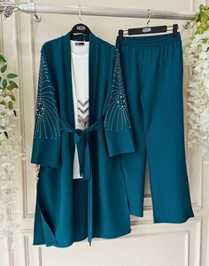 NEYSA KEMERLİ KOL TAŞLI KİMONO PANTOLON TAKIM D7-1526-46-PETROL - 