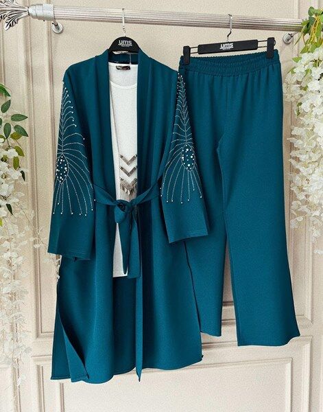 NEYSA KEMERLİ KOL TAŞLI KİMONO PANTOLON TAKIM D7-1526-46-PETROL - 1