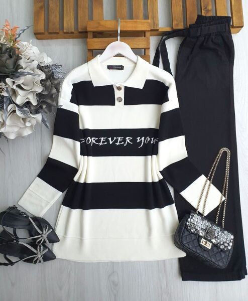 NİGDA YAZILI YAKALI DÜĞMELİ TRİKO TUNİK 8147-01-SİYAH - 1