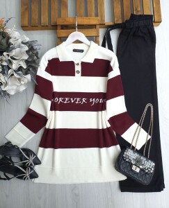 NİGDA YAZILI YAKALI DÜĞMELİ TRİKO TUNİK 8147-04-BORDO - 