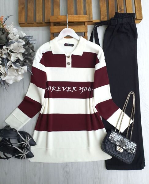 NİGDA YAZILI YAKALI DÜĞMELİ TRİKO TUNİK A3-1-8147-04-BORDO - 1