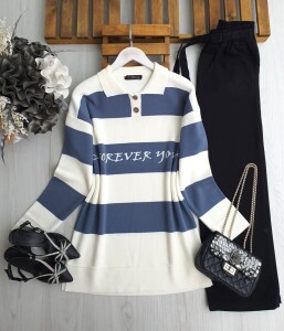 NİGDA YAZILI YAKALI DÜĞMELİ TRİKO TUNİK A3-1-8147-11-İNDİGO - 