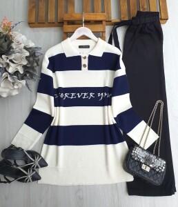 NİGDA YAZILI YAKALI DÜĞMELİ TRİKO TUNİK 8147-12-LACİVERT - 