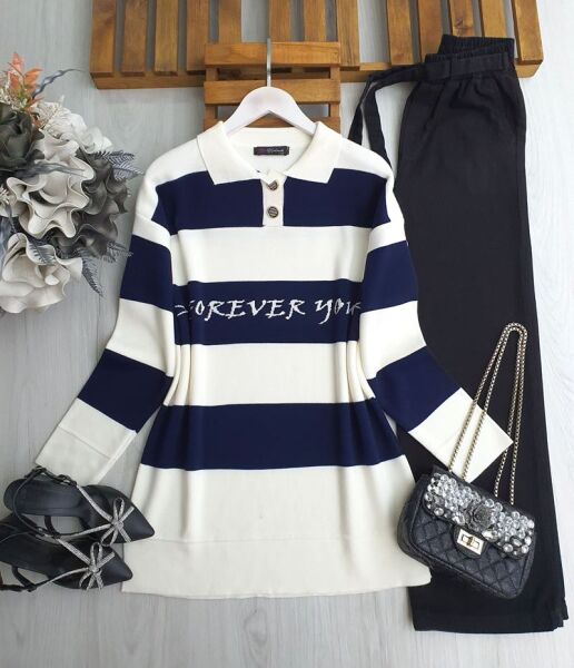 NİGDA YAZILI YAKALI DÜĞMELİ TRİKO TUNİK 8147-12-LACİVERT - 1