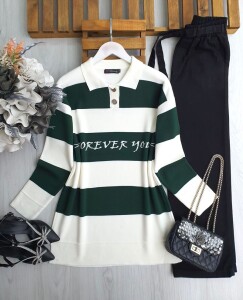 NİGDA YAZILI YAKALI DÜĞMELİ TRİKO TUNİK A3-1-8147-27-ZÜMRÜT - 