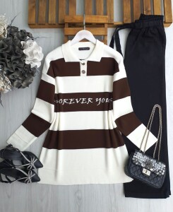 NİGDA YAZILI YAKALI DÜĞMELİ TRİKO TUNİK 8147-37-KAHVE - 