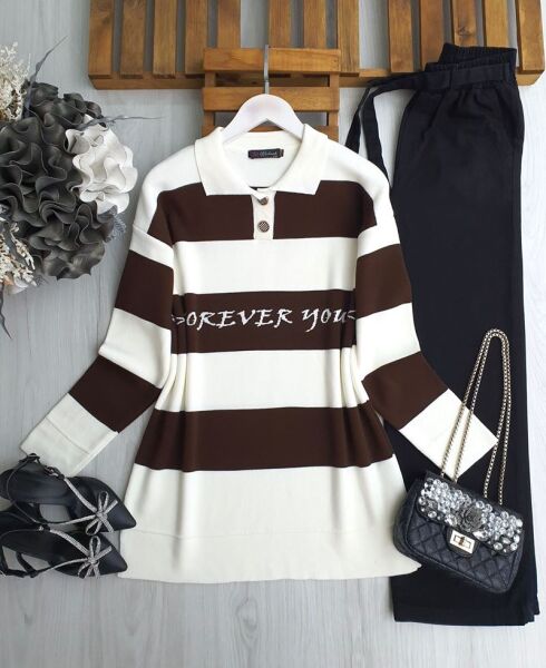 NİGDA YAZILI YAKALI DÜĞMELİ TRİKO TUNİK 8147-37-KAHVE - 1