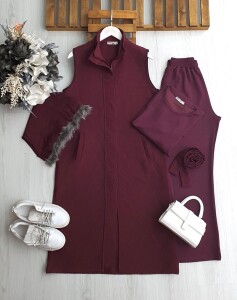NİLS FERMUARLI KEMERLİ ÇIKARILABİLİR KAPŞONLU YELEK TUNİK PANTOLON ÜÇLÜ TAKIM A7-3-1677-04-BORDO - 
