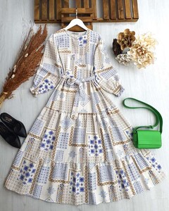 NİME ETNİK DESENLİ KETEN ELBİSE C10-2281-10-MAVİ - 